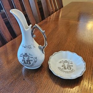 Vintage Set Lefton China 25th Anniversary Bud Vase and Ring Dish Trinket Box